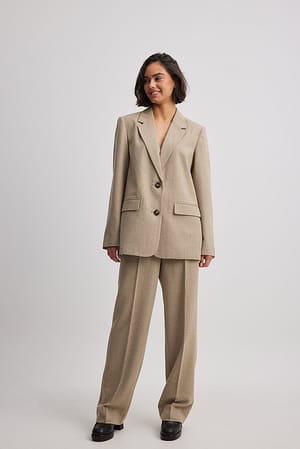 Beige Wool Blend Herringbone Suit Pants