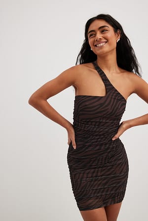 Brown Zebra Print Asymmetric Mesh Rouched Mini Dress