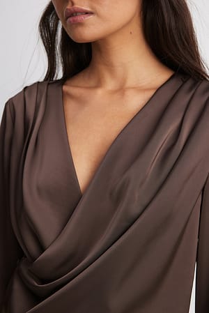 Brown Asymmetric Overlap Long Sleeve Satin Top