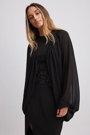 Black Balloon Sleeve Chiffon Blouse