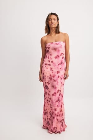 Pink Flower Print Bandeau Frill Hem Maxi Dress