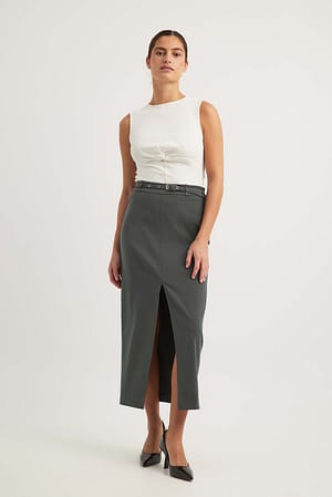 Dark Grey Belted Detail Midi Skirt