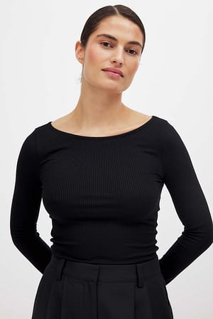 Black Boat Neck Rib Top