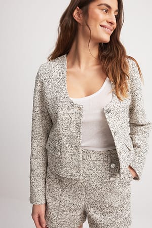 Grey Melange Buttoned U-Neck Blazer