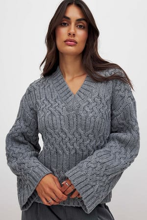 Grey Cable Knitted V-Neck Sweater