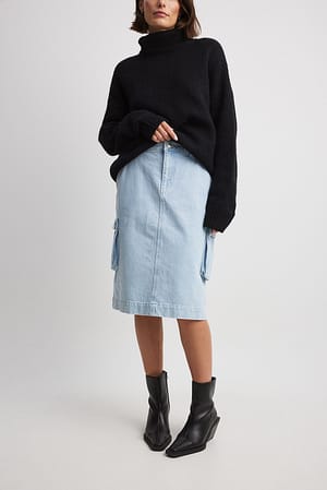 Light Blue Cargo Detail Midi Denim Skirt