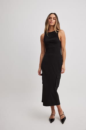 Black Cargo Pocket Midi Skirt