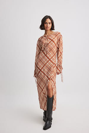 Rust Check Checked Flowy Midi Dress