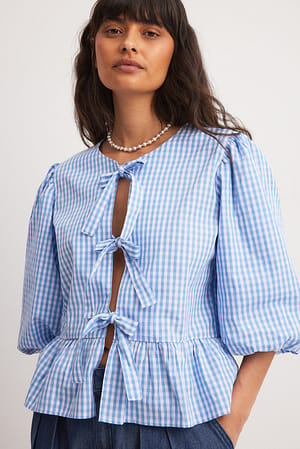 Blue Check Checked Tie Detail Puffy Sleeve Blouse