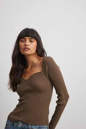Brown Chest Detail Knitted Long Sleeve Sweater
