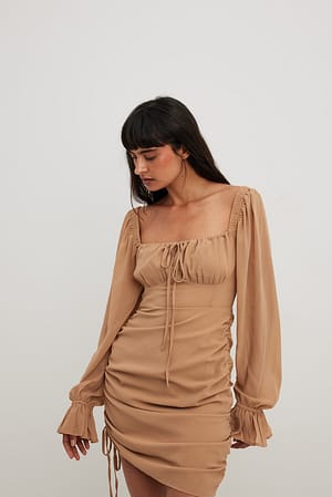 Beige Chiffon Drawstring Mini Dress