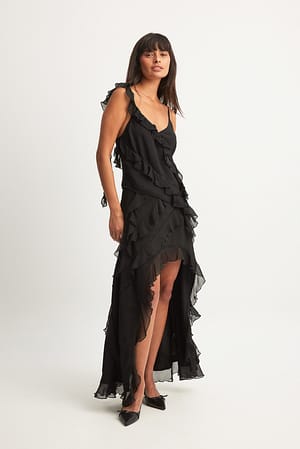 Black Chiffon Frill Detail Maxi Skirt