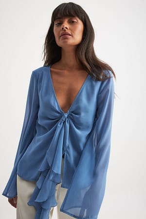 Blue Chiffon Tie Detail Ruffle Top