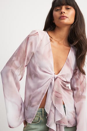 Rose Print Chiffon Tie Detail Ruffle Top