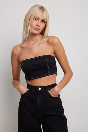 Black Contrast Seam Corset Denim Top