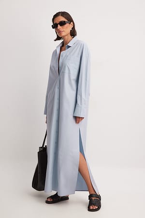 Blue Cotton Maxi Shirt Dress