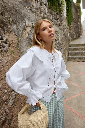 White Cotton Tie Detail Embroidery Blouse