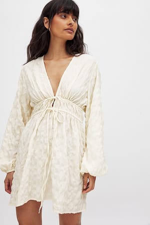 Cream Crinkle Drawstring Detail Mini Dress