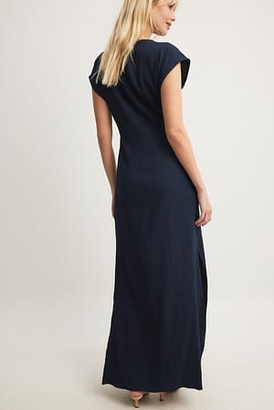 Navy Crinkled Quality High Slit Maxi Dress