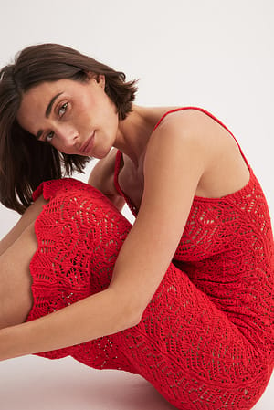 Red Crochet Knitted Midi Dress