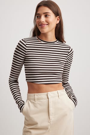 Dark Brown Cropped Long Sleeved Striped Top