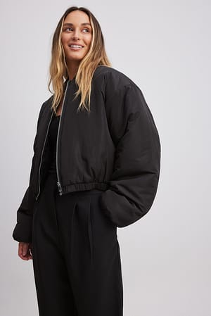 Black Cropped Padded Bomber Jacket