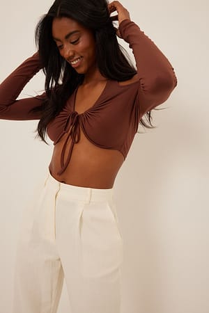 Brown Cropped Tie Detail Long Sleeve Top