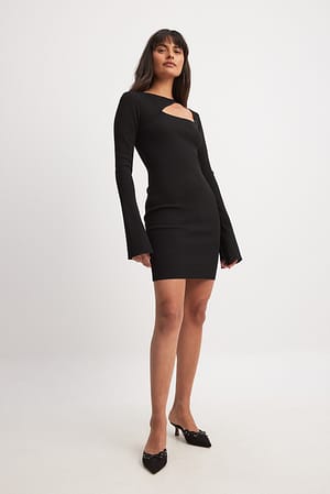 Black Cut Out Detail Fine Knitted Mini Dress