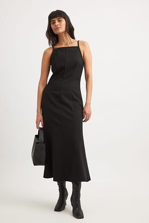 Black Deep Back Tie Detail Midi Dress