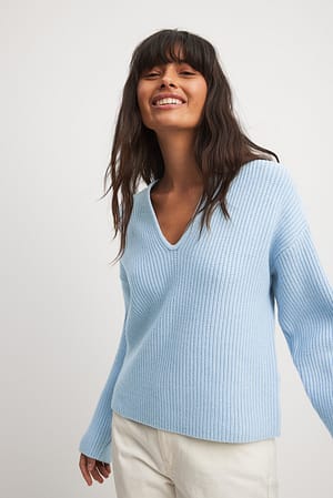 Blue Deep V-Neck Rib Knit Sweater