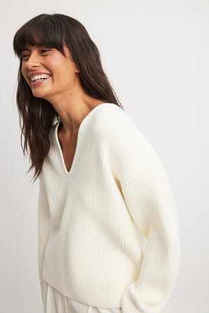 Off White Deep V-Neck Rib Knit Sweater