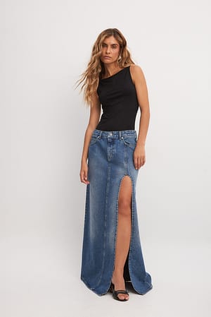 Blue Denim Slit Detail Mid Waist Skirt