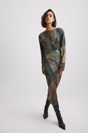 Print Draped Long Sleeve Dress