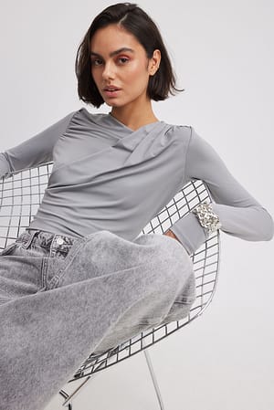 Grey Draped Long Sleeve Top