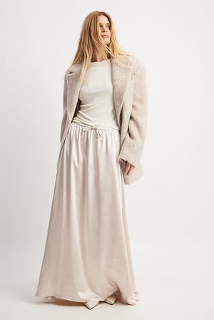 Cream Drawstring Satin Maxi Skirt