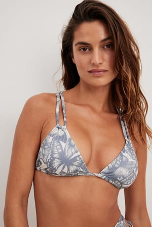 Blue Print Drawstring Detailed Triangle Bikini Top