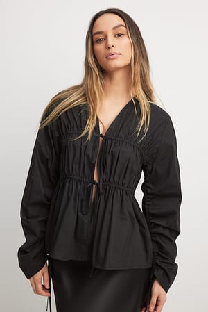 Black Drawstring Ruched Cotton Blouse