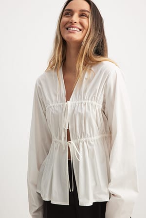 White Drawstring Ruched Cotton Blouse