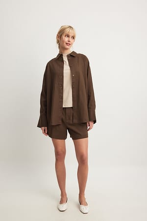 Brown Elastic Back Linen Blend Shorts