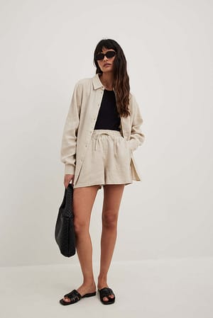 Beige Elastic Linen Shorts