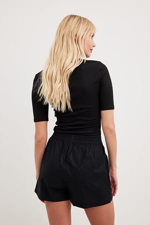 Black Elastic Waist Cotton Shorts