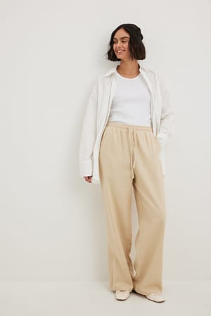 Beige Elastic Waist Linen Trousers