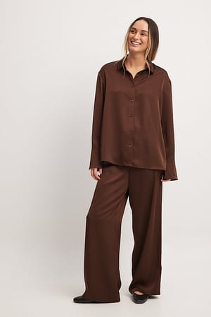 Brown Elastic Waist Mid Rise Satin Pants