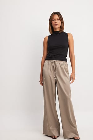 Taupe Elastic Waist Mid Rise Satin Pants