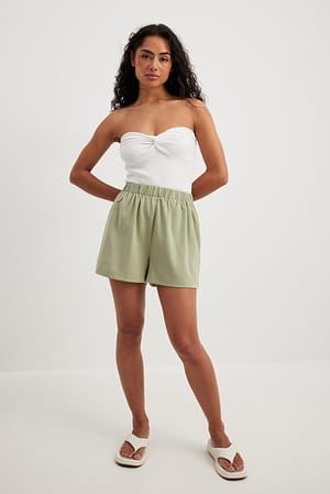 Tea Green Elastic Waistband Flowy Shorts