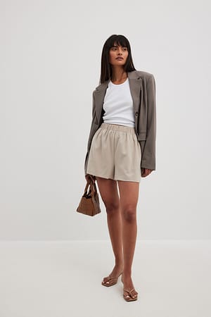 Beige Elastic Waistband Flowy Shorts