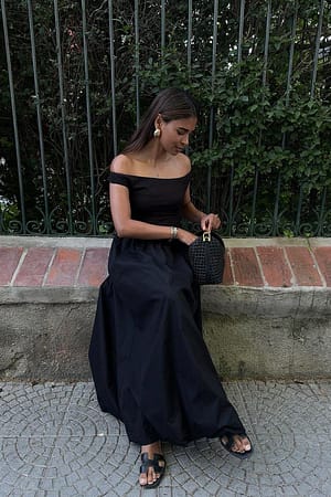 Black Jersey Poplin Off Shoulder Balloon Dress