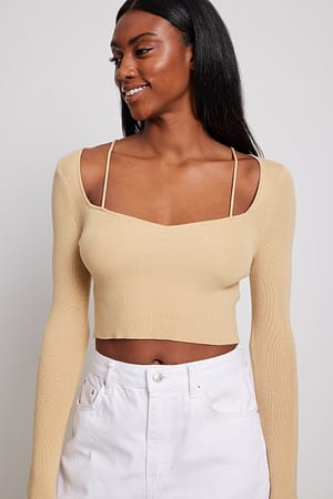 Beige Fine Knitted Strap Detail Top