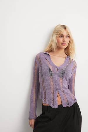 Lilac Fine Knitted Distressed Cardigan