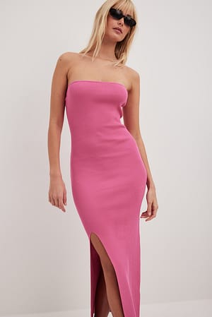 Pink Fine Knitted High Slit Tube Dress